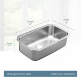 18000 Series 30-inch 18 Gauge Undermount Single Bowl Stainless Steel Kitchen Sink, 9-inch Depth