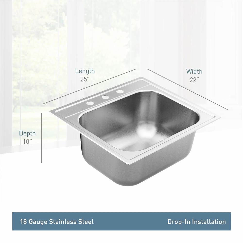 1800 Series 25-inch 18 Gauge Drop-in Single Bowl Stainless Steel Kitchen or Bar Sink, 9-inch Depth, Featuring QuickMount