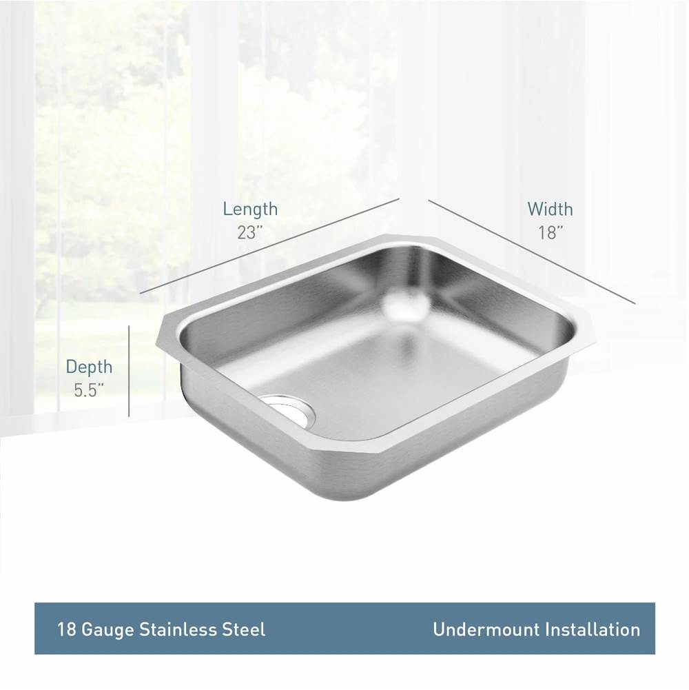 1800 Series 23.5-inch 18 Gauge Undermount Single Bowl Stainless Steel Kitchen Sink, Left Drain