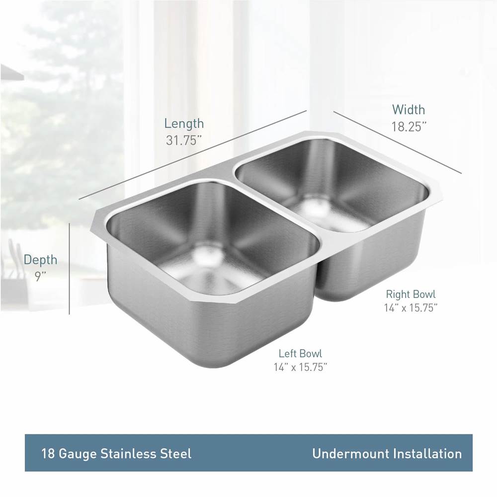 1800 Series 31.75-inch 18 Gauge Undermount Double Bowl Stainless Steel Kitchen Sink