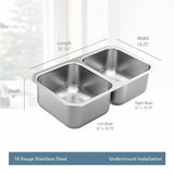 1800 Series 31.75-inch 18 Gauge Undermount Double Bowl Stainless Steel Kitchen Sink