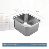 1800 Series 16.5-inch 18 Gauge Undermount Single Bowl Stainless Steel Kitchen or Bar Sink