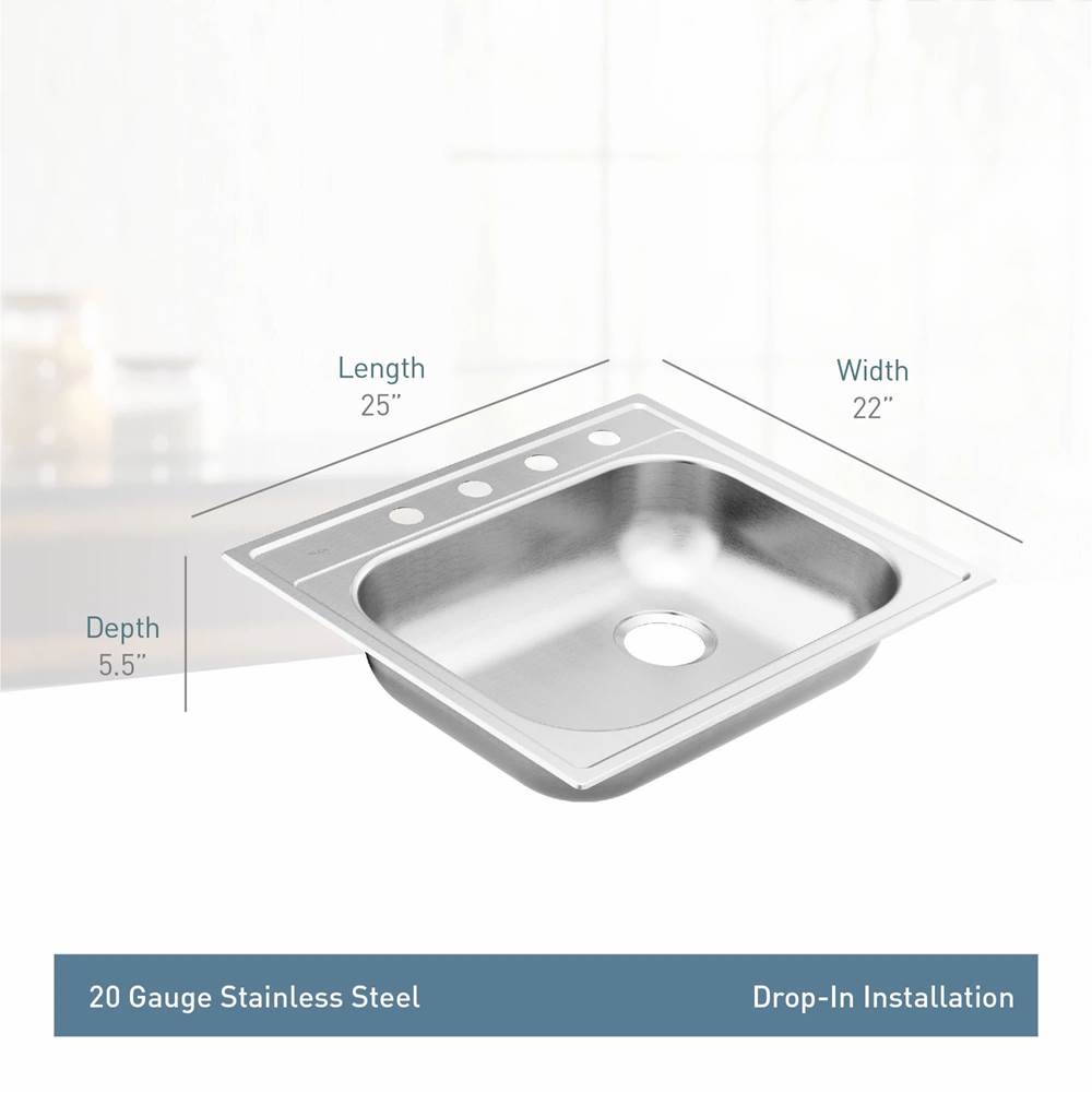 2000 Series 25-inch 20 Gauge Drop-in Single Bowl Stainless Steel Kitchen Sink, Right Drain, Featuring QuickMount