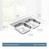 2000 Series 33-inch 20 Gauge Drop-in Double Bowl Stainless Steel Kitchen Sink, 3 Hole, Featuring QuickMount