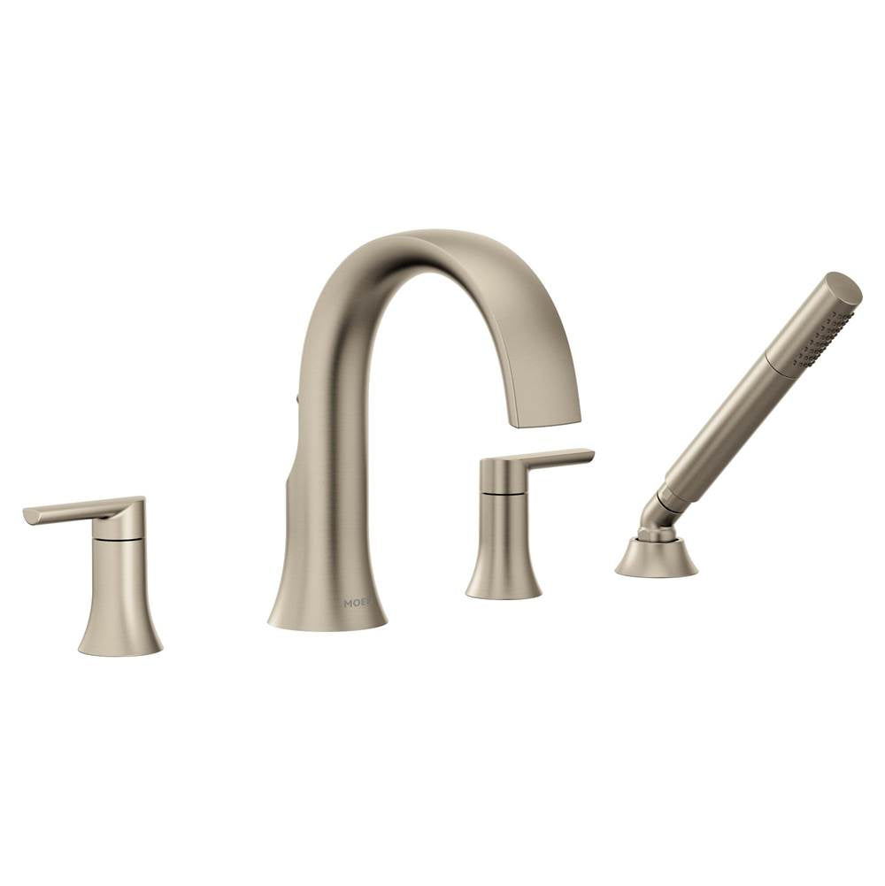 Moen - Doux 2-Handle Deck Mount Roman Tub Faucet Trim Kit with Hand shower in Brushed Nickel (Valve Sold Separately) - Brushed Nickel