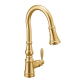 Moen - Weymouth Shepherd''s Hook Pulldown Kitchen Faucet Featuring Metal Wand with Power Boost, Brushed Gold - Brushed Gold