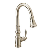 Moen - Weymouth Shepherd''s Hook Pulldown Kitchen Faucet Featuring Metal Wand with Power Boost, Polished Nickel - Polished Nickel