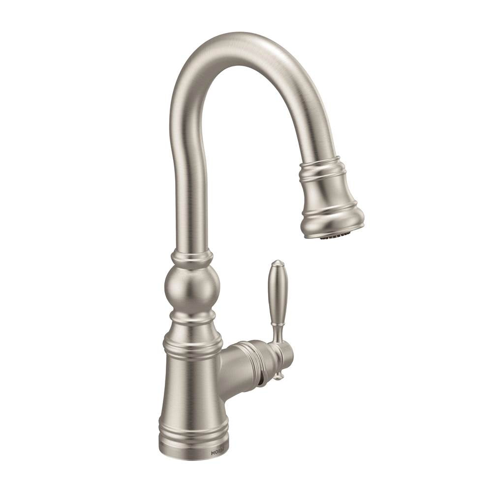 Moen - Weymouth Shepherd''s Hook Pulldown Kitchen Bar Faucet Featuring Metal Wand with Power Clean, Spot Resist Stainless - Spot Resist Stainless
