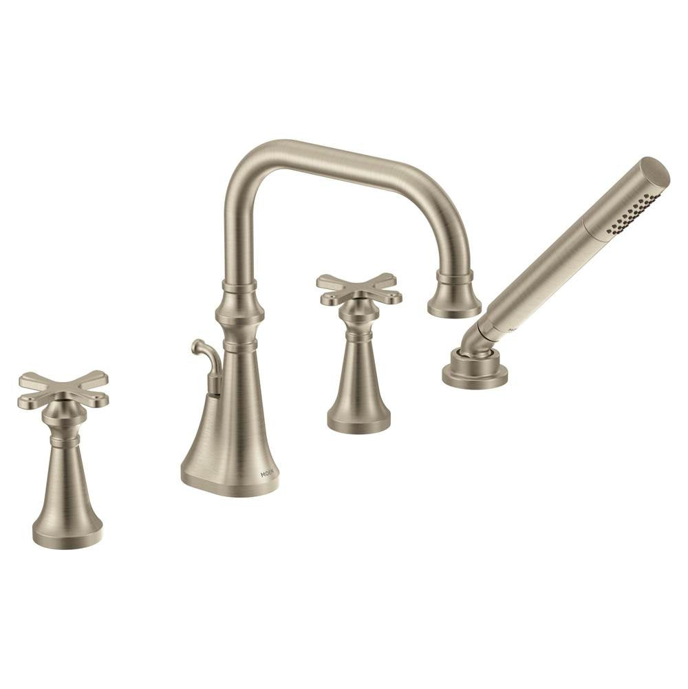 Moen - Colinet Two Handle Deck-Mount Roman Tub Faucet Trim with Cross Handles and Handshower, Valve Required, in Brushed Nickel - Brushed Nickel