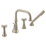 Moen - Colinet Two Handle Deck-Mount Roman Tub Faucet Trim with Cross Handles and Handshower, Valve Required, in Brushed Nickel - Brushed Nickel