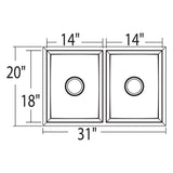1600 Series 16 Gauge Double Bowl Undermount Sink, Stainless Steel