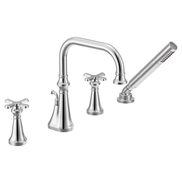 Moen - Colinet Two Handle Deck-Mount Roman Tub Faucet Trim with Cross Handles and Handshower, Valve Required, in Chrome - Chrome