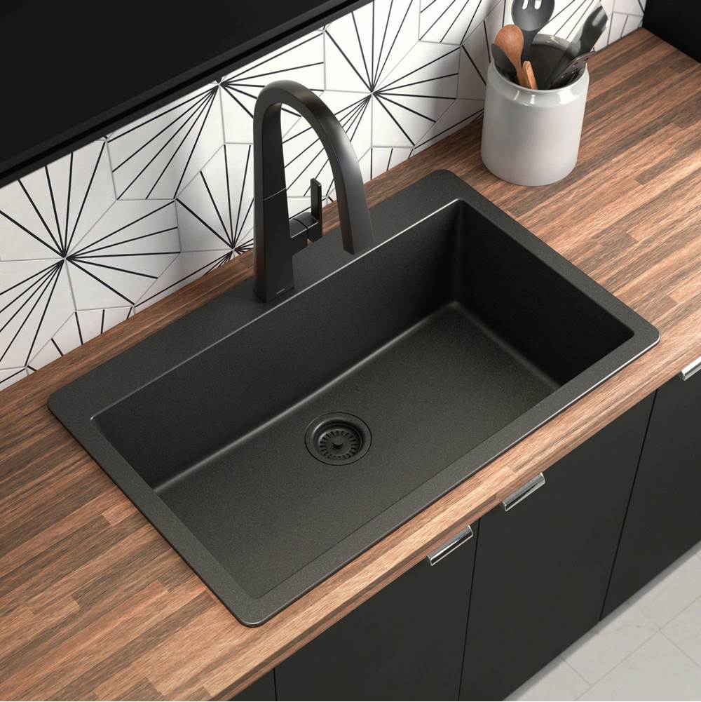 33-Inch Wide x 9.5-Inch Deep Dual Mount Granite Single Bowl Kitchen Sink, Black