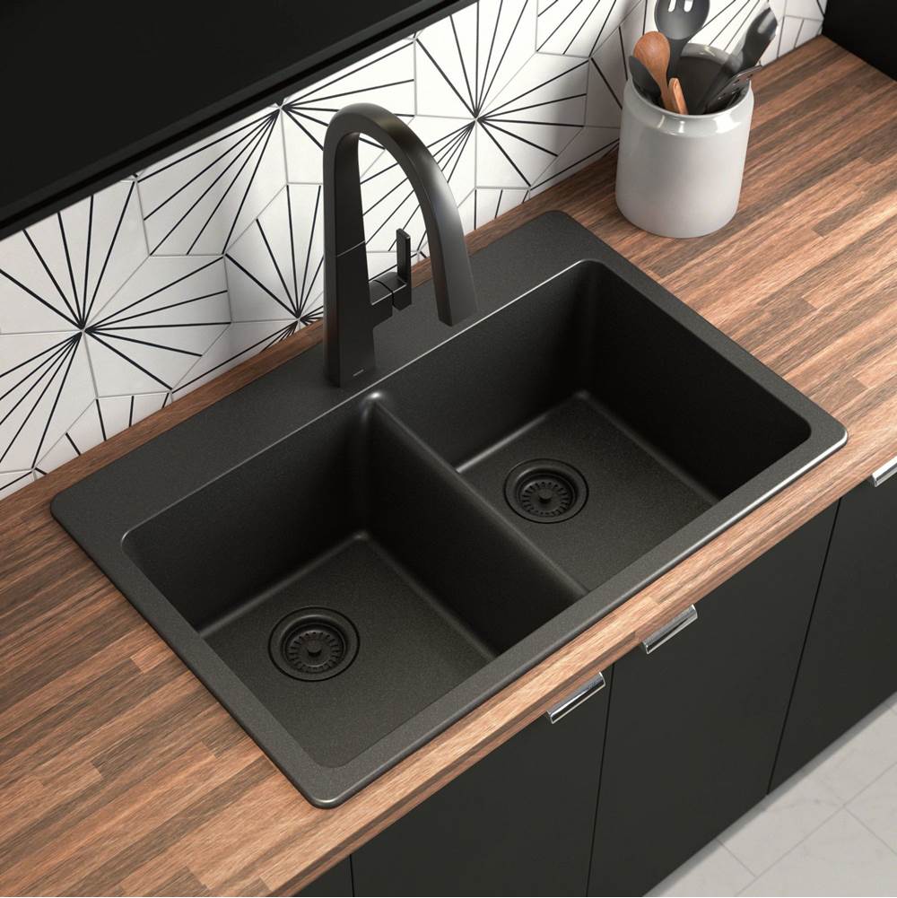 33-Inch Wide x 9.5-Inch Deep Dual Mount Granite Double Bowl Kitchen Sink, Black
