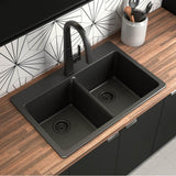 33-Inch Wide x 9.5-Inch Deep Dual Mount Granite Double Bowl Kitchen Sink, Black