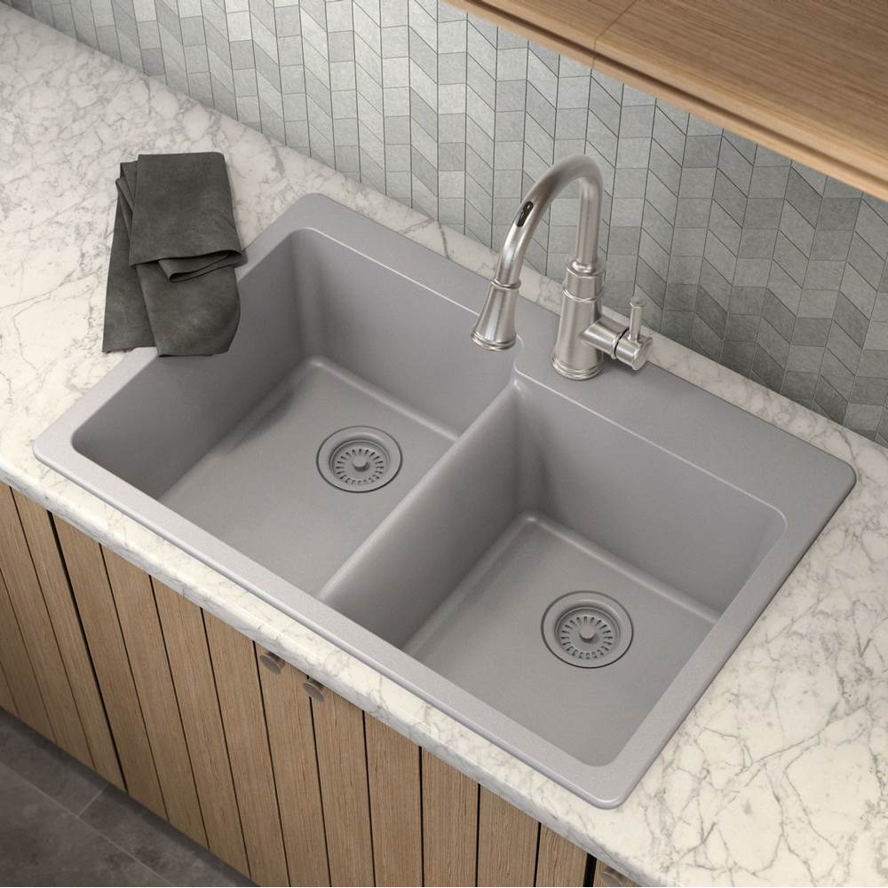 33-Inch Wide x 9.5-Inch Deep Dual Mount Granite Double Bowl Kitchen Sink, Black