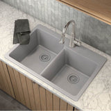 33-Inch Wide x 9.5-Inch Deep Dual Mount Granite Double Bowl Kitchen Sink, Black