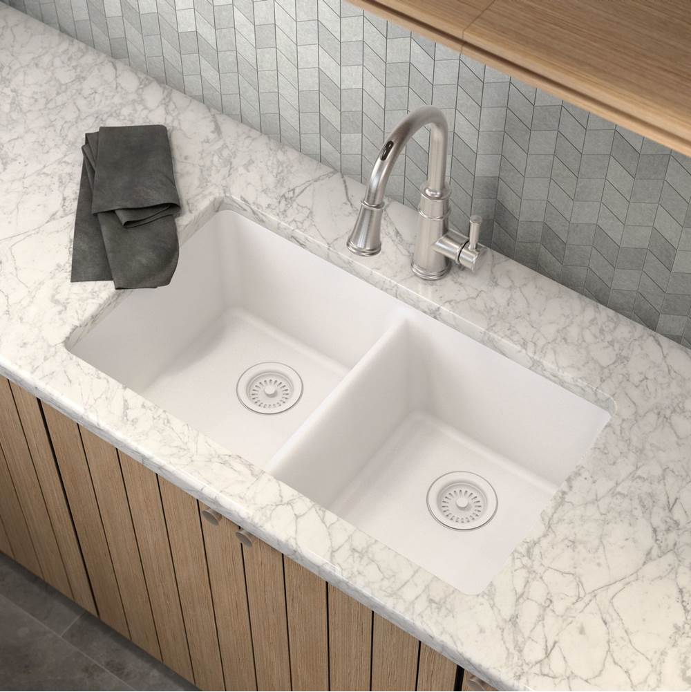 33-Inch Wide x 9.5-Inch Deep Undermount Granite Double Bowl Kitchen Sink, White