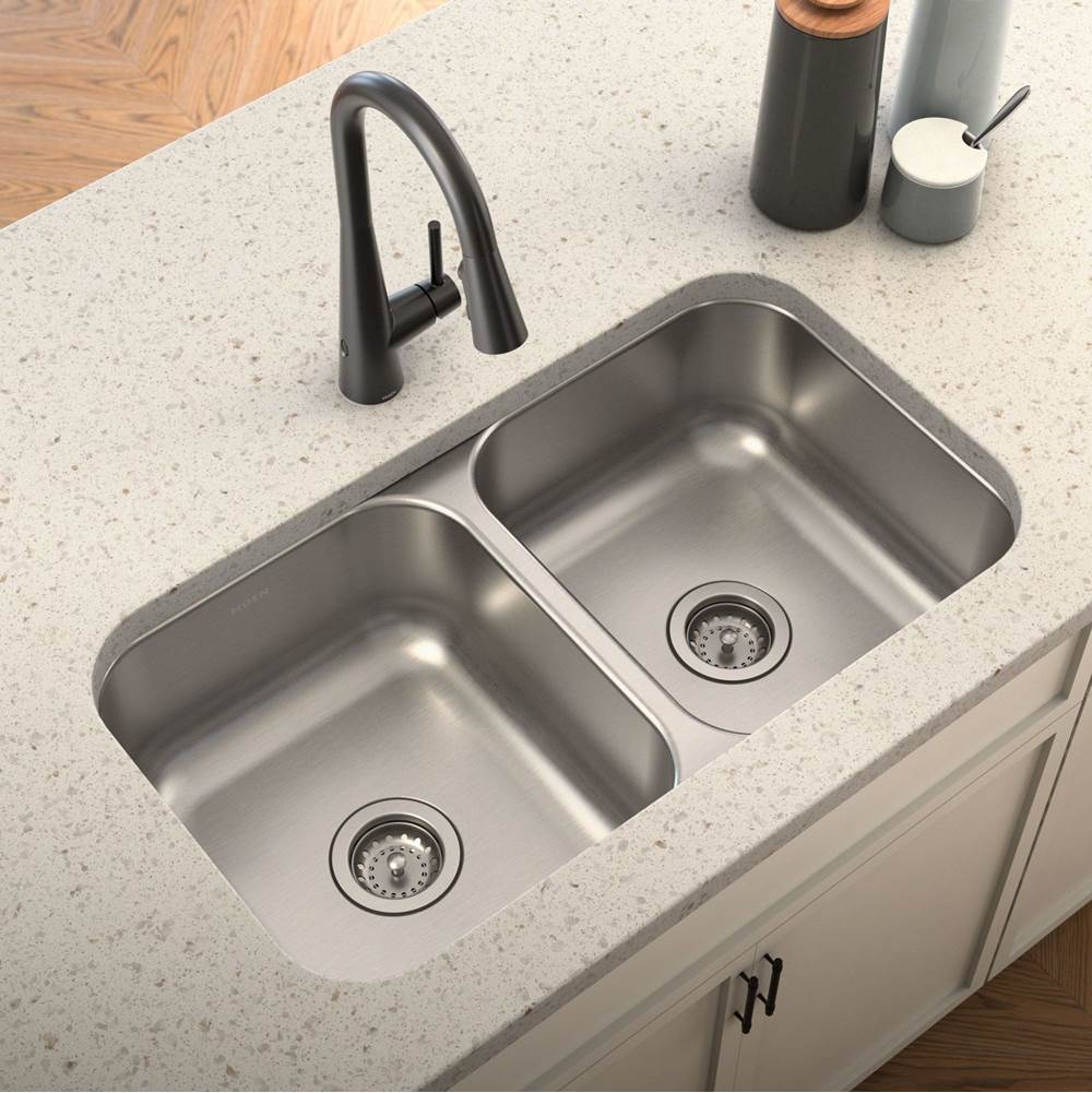 Moen GS18210 1800 Series 31.75-inch 18 Gauge Undermount Double Bowl Stainless Steel Kitchen Sink, 8-inch Depth