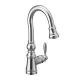 Moen - Weymouth Shepherd''s Hook Pulldown Kitchen Bar Faucet Featuring Metal Wand with Power Clean, Chrome - Chrome