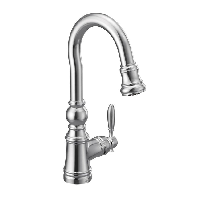 Moen - Weymouth Shepherd''s Hook Pulldown Kitchen Bar Faucet Featuring Metal Wand with Power Clean, Chrome - Chrome
