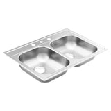 Moen - 2000 Series 33-inch 20 Gauge Drop-in Double Bowl Stainless Steel Kitchen Sink, 3 Hole, Featuring QuickMount - Stainless
