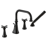 Moen - Colinet Two Handle Deck-Mount Roman Tub Faucet Trim with Cross Handles and Handshower, Valve Required, in Matte Black - Matte Black