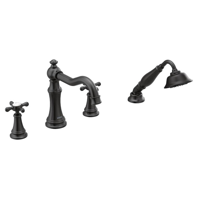 Moen - Weymouth 2-Handle Diverter Deck-Mount High-Arc Roman Tub Faucet with Hand Shower in Matte Black (Valve Sold Separately) - Matte Black