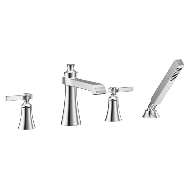 Moen - Flara 2-Handle Deck-Mount Roman Tub Faucet Trim Kit with Handshower and Lever Handles in Chrome (Valve Sold Separately) - Chrome