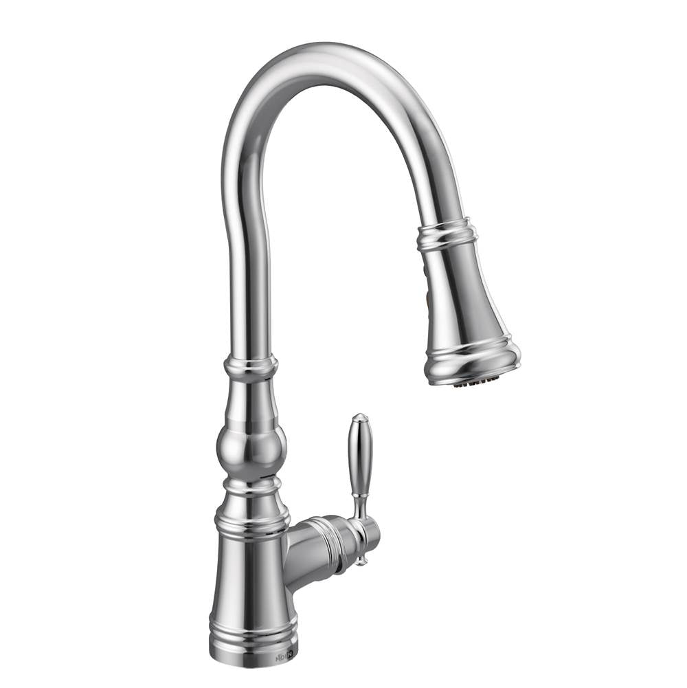 Moen - Weymouth Shepherd''s Hook Pulldown Kitchen Faucet Featuring Metal Wand with Power Boost, Chrome - Chrome