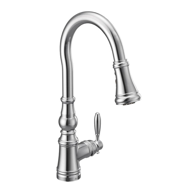 Moen - Weymouth Shepherd''s Hook Pulldown Kitchen Faucet Featuring Metal Wand with Power Boost, Chrome - Chrome