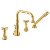 Moen - Colinet Two Handle Deck-Mount Roman Tub Faucet Trim with Cross Handles and Handshower, Valve Required, in Brushed Gold - Brushed Gold