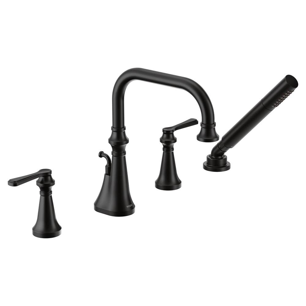 Moen - Colinet Two Handle Deck-Mount Roman Tub Faucet Trim with Lever Handles and Handshower, Valve Required, in Matte Black - Matte Black