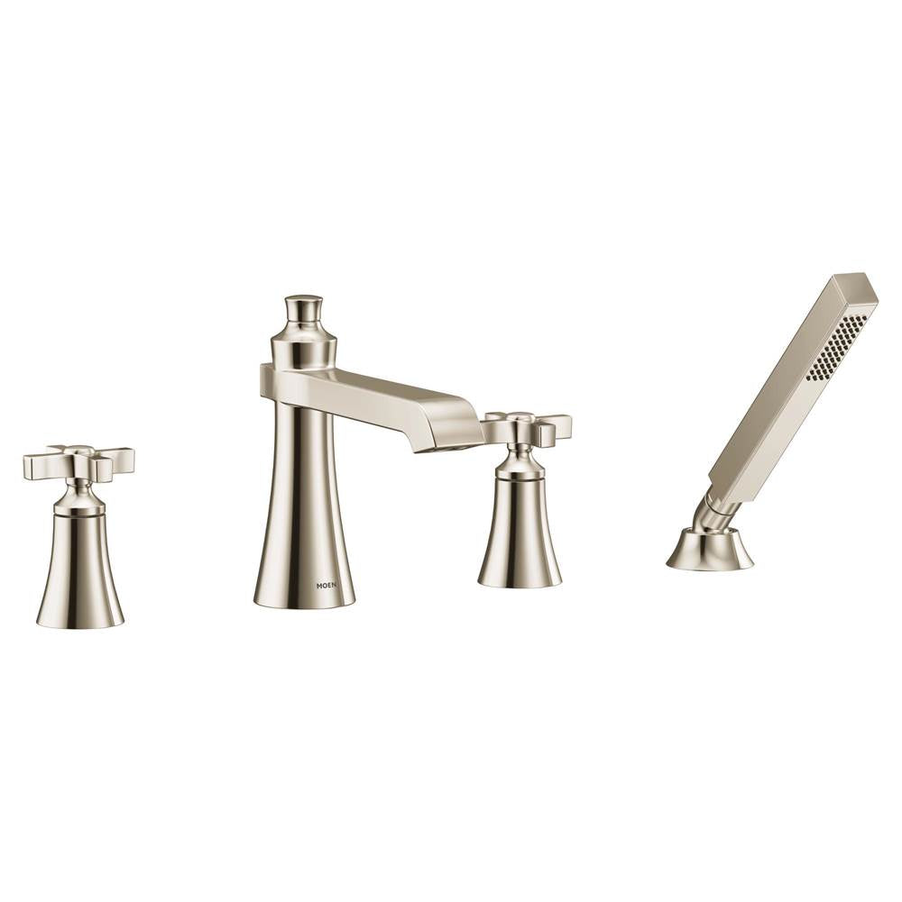 Moen - Flara 2-Handle Deck-Mount Roman Tub Faucet Trim Kit with Handshower in Polished Nickel (Valve Sold Separately) - Polished Nickel