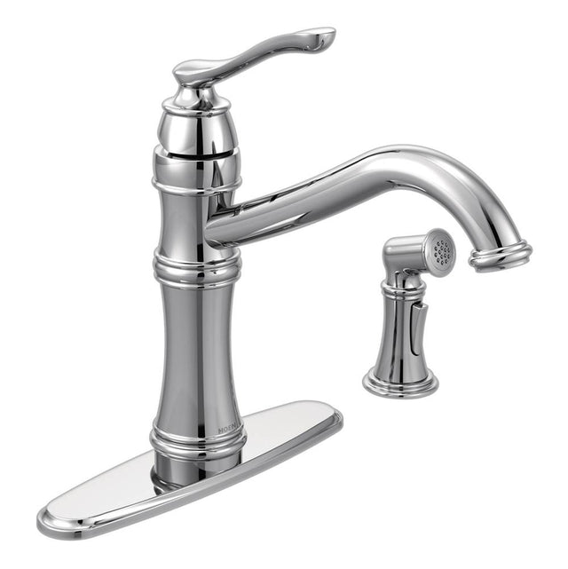 Moen - Belfield Traditional One Handle High Arc Kitchen Faucet with Side Spray and Optional Deckplate Included, Chrome - Chrome