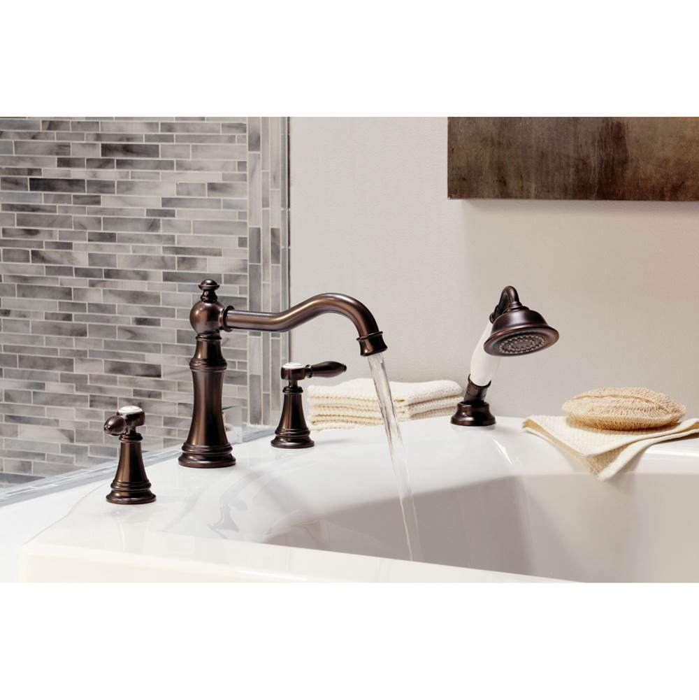 Weymouth 2-Handle Diverter Deck-Mount Roman Tub Faucet Trim Kit with Handshower in Chrome (Valve Sold Separately)