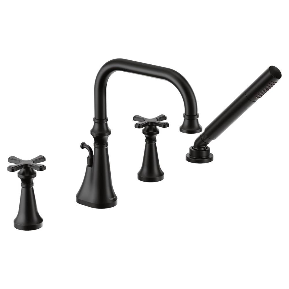 Colinet Two Handle Deck-Mount Roman Tub Faucet Trim with Cross Handles and Handshower, Valve Required, in Chrome