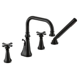 Colinet Two Handle Deck-Mount Roman Tub Faucet Trim with Cross Handles and Handshower, Valve Required, in Chrome