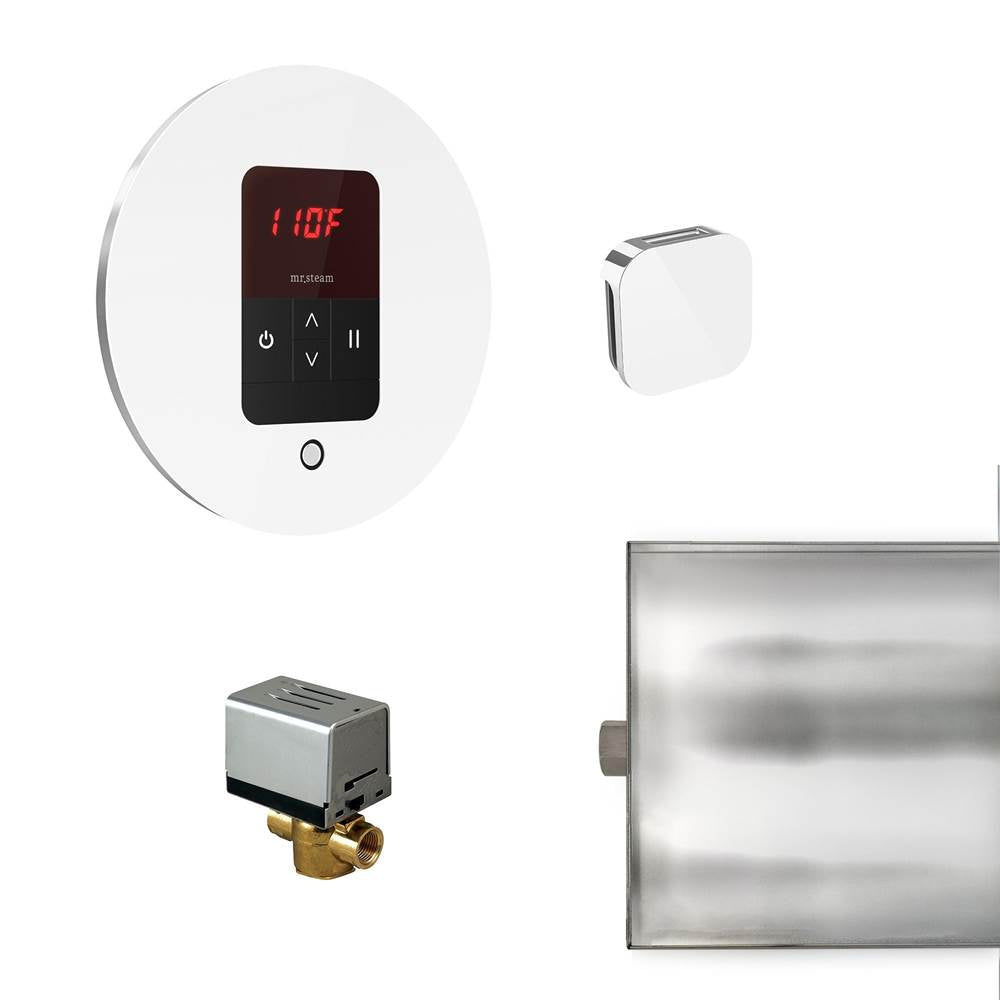 Mr. Steam - Basic Butler Steam Shower Control Package with iTempo Control and Aroma Designer SteamHead in Round Glass White - Glass White