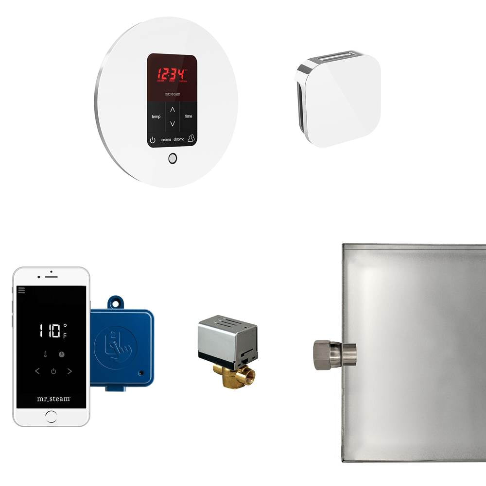 Mr. Steam - Butler Steam Shower Control Package with iTempoPlus Control and Aroma Designer SteamHead in Round Glass White - Glass White