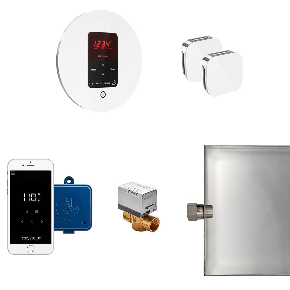 Mr. Steam - Butler Max Steam Shower Control Package with iTempoPlus Control and Aroma Designer SteamHead in Round Glass White - Glass White