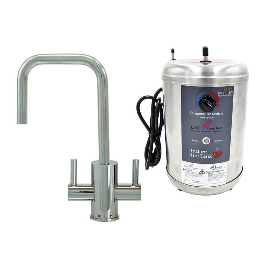 Mountain Plumbing - Hot & Cold Water Faucet with Contemporary Round Body & Handles (90Â° Spout) & Little Gourmet Premium Hot Water Tank - Satin Brass