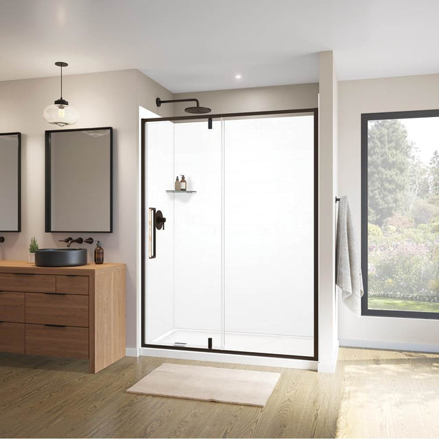 Maax - Uptown 57-59 x 76 in. 8 mm Pivot Shower Door for Alcove Installation with Clear glass in Dark Bronze & Beige Marble