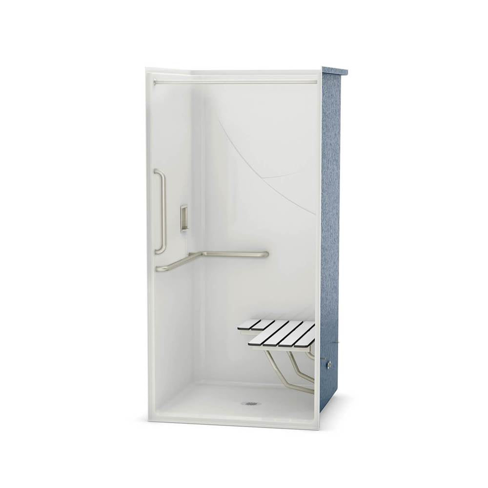 OPS-3636 - L-Shaped and Vertical Grab Bar and Seat AcrylX Alcove Center Drain One-Piece Shower in White