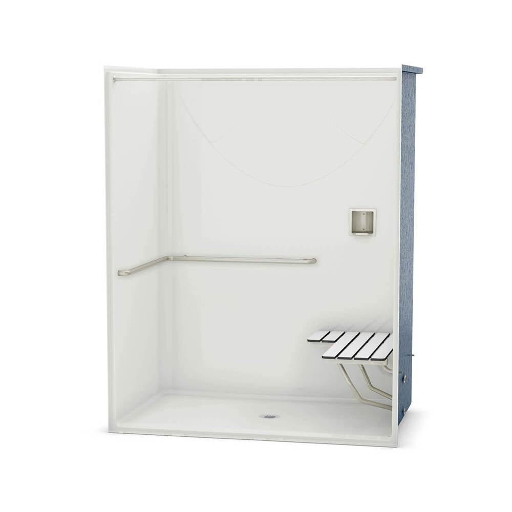 OPS-6036 - ADA Grab Bar and Seat AcrylX Alcove Center Drain One-Piece Shower in White