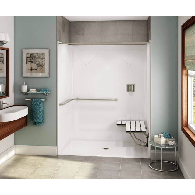 Maax - OPS-6036 - ADA Grab Bar and Seat AcrylX Alcove Center Drain One-Piece Shower in White - White
