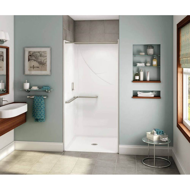 Maax - OPS-3636-RS - L-Shaped Grab Bar AcrylX Alcove Center Drain One-Piece Shower in White - White