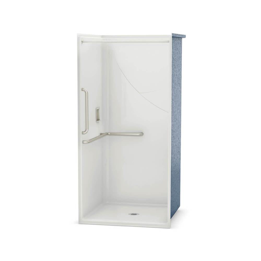 OPS-3636-RS - L-shaped and Vertical Grab Bar AcrylX Alcove Center Drain One-Piece Shower in White