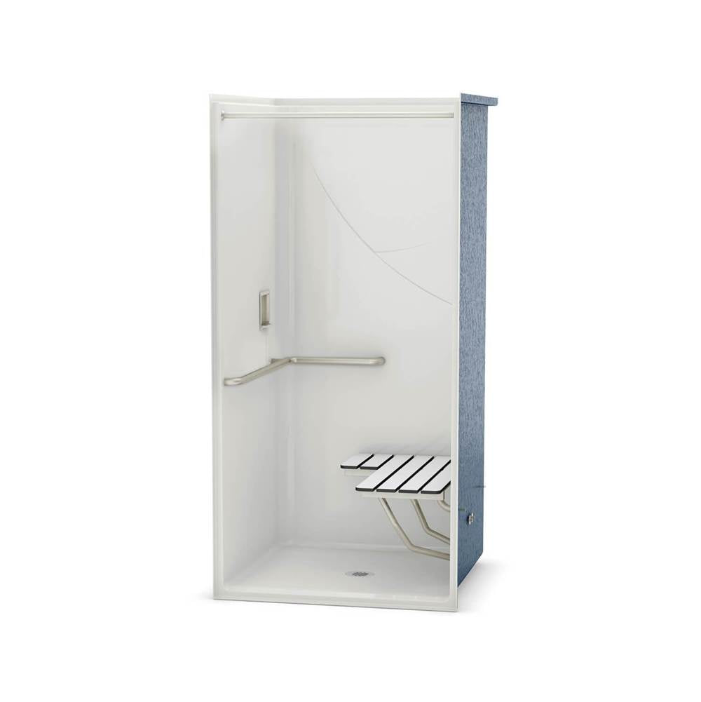 OPS-3636-RS - L-shaped Grab Bar and Seat AcrylX Alcove Center Drain One-Piece Shower in White