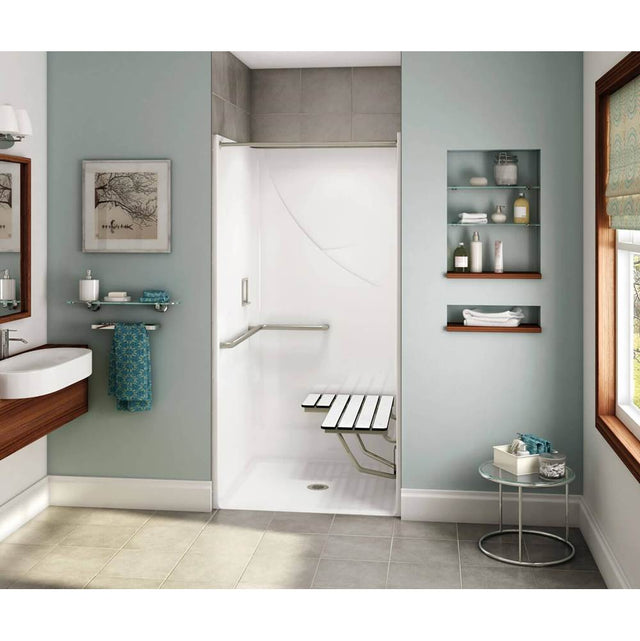 Maax - OPS-3636-RS - L-shaped Grab Bar and Seat AcrylX Alcove Center Drain One-Piece Shower in White - White
